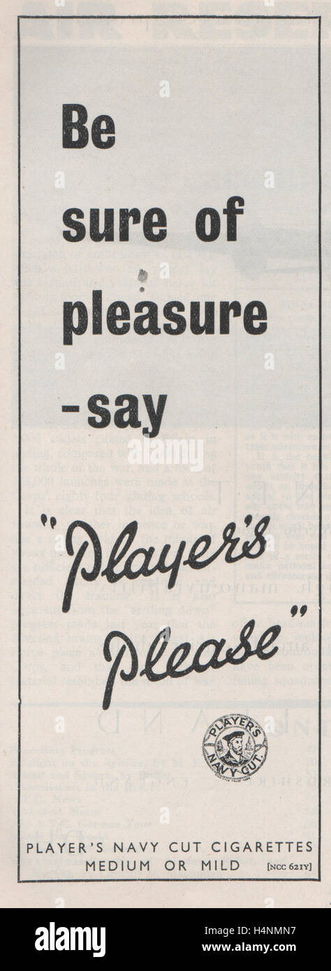Les joueurs coupe Vintage Marine Cigarette publicité avec le slogan joueurs Veuillez publié février 1947. Banque D'Images