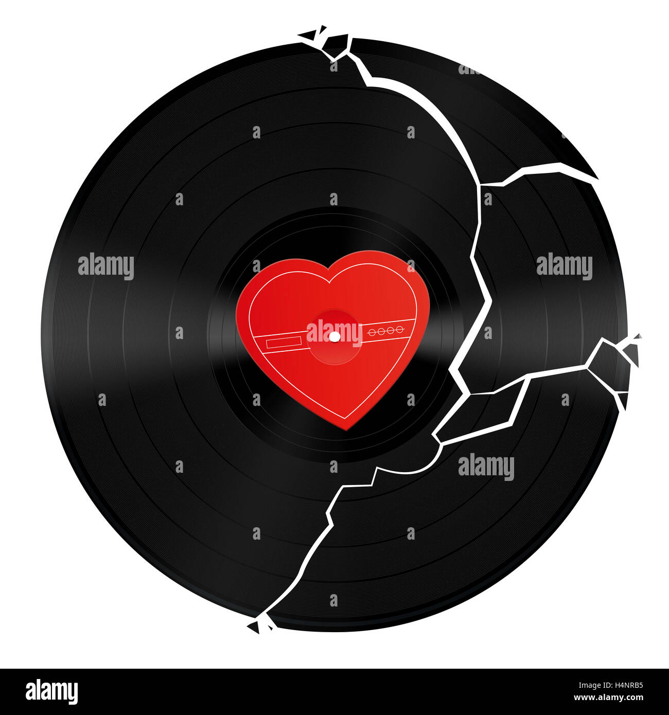Casse d'un disque vinyle en forme de coeur non marqué avec centre. Banque D'Images