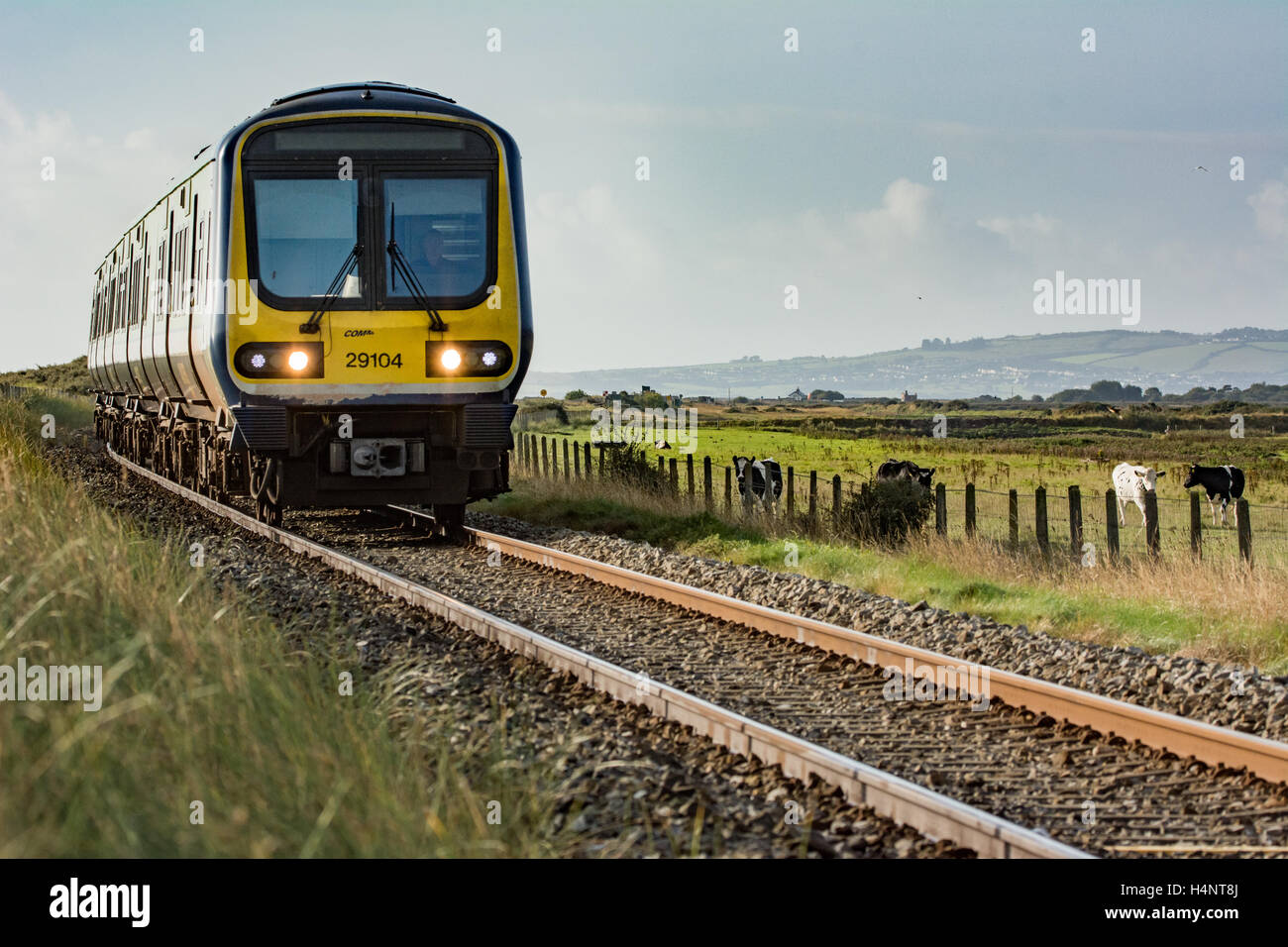 Sur les voies de train voyageant à travers campagne irlandaise à Wicklow, Irlande Banque D'Images