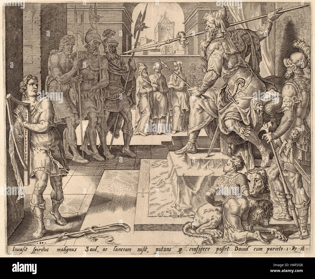 Après Maerten van Heemskerck, David devant Saül, ch. 1556, gravure Banque D'Images