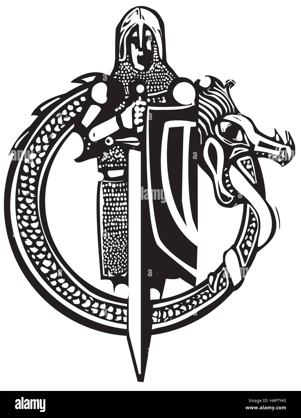 Woodcut style chevalier médiéval dans un cercle du dragon. Illustration de Vecteur