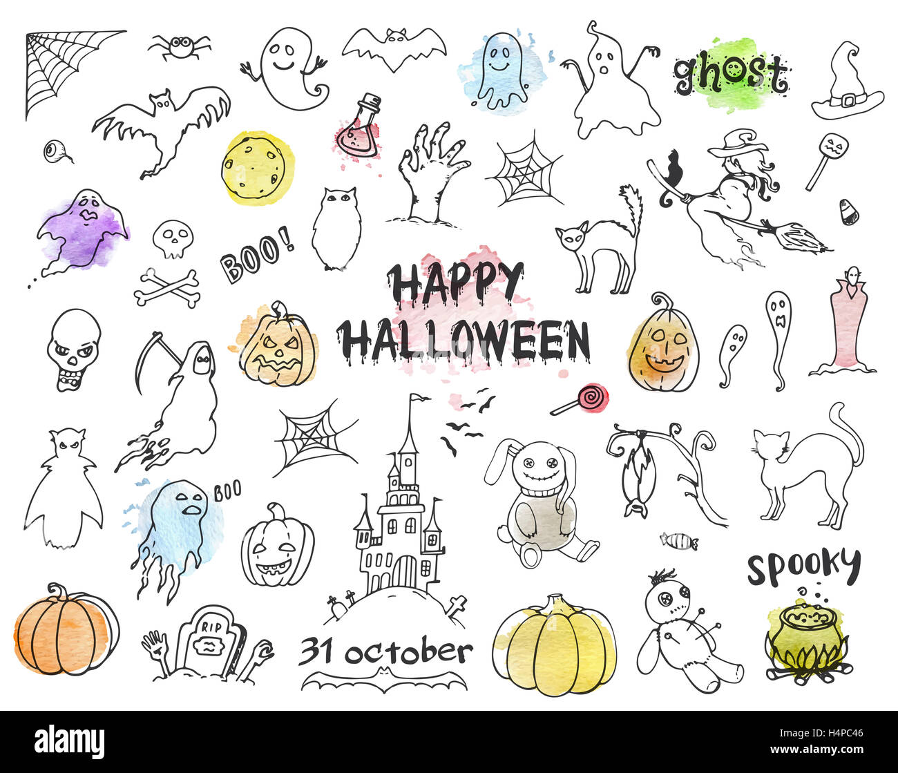 Jeu de hand drawn doodles Halloween Banque D'Images