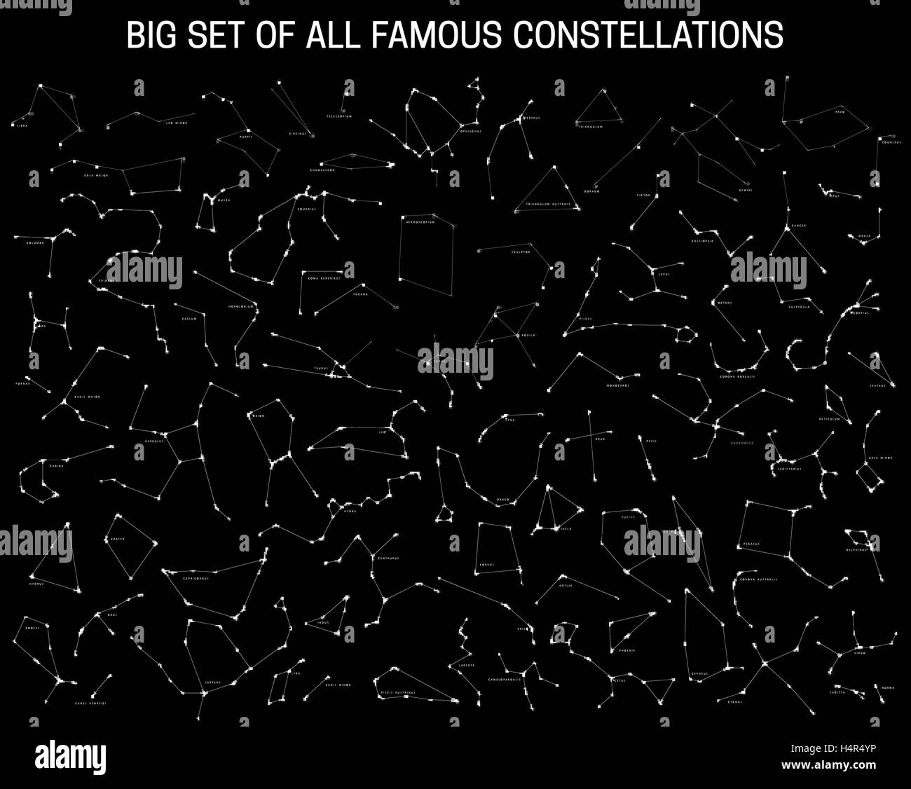 Grand ensemble de toutes les constellations astronomiques modernes célèbres, les signes du zodiaque. Illustration de Vecteur
