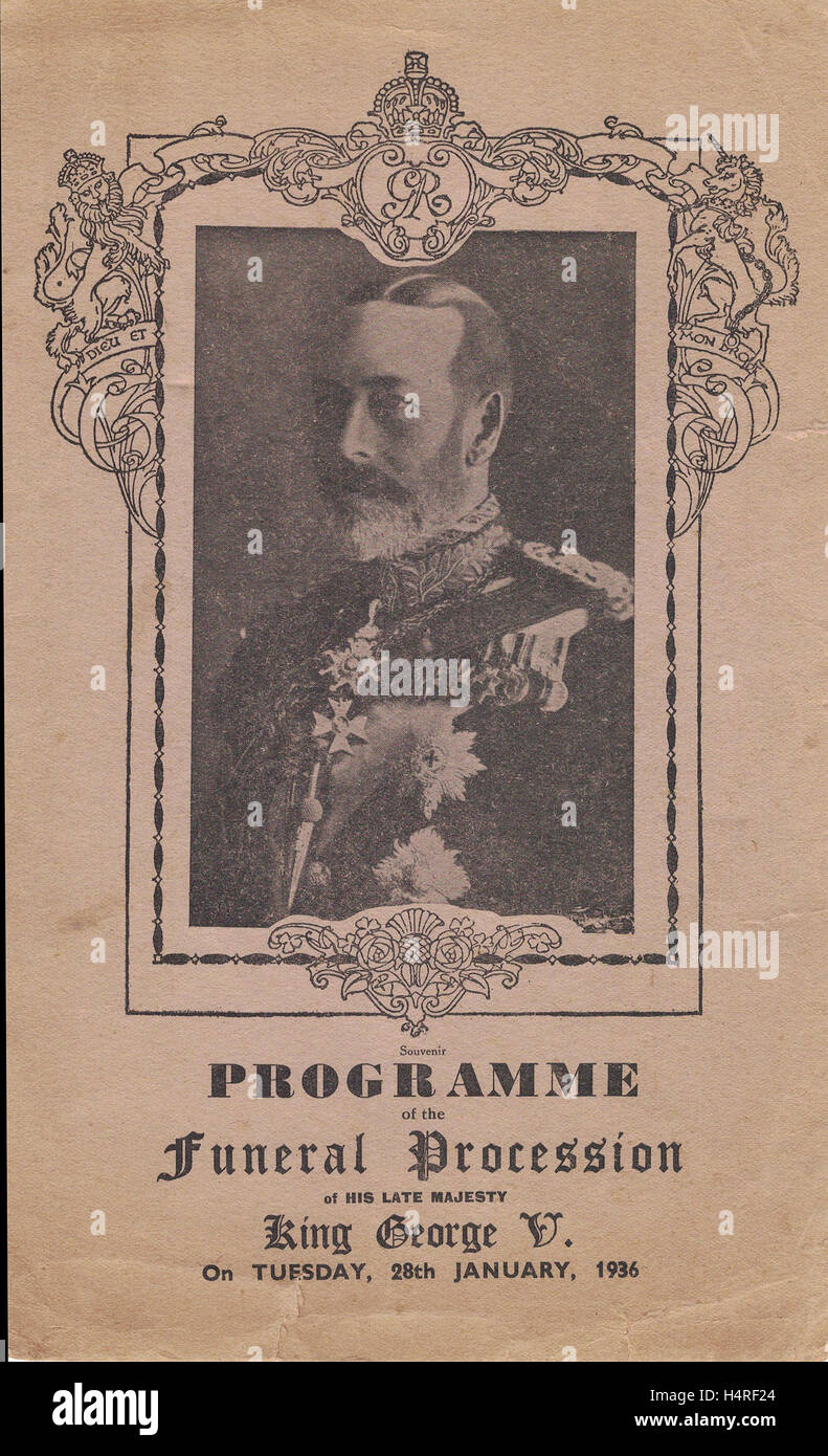La couverture du programme des funérailles du roi processoin Goerge v - Mardi 28 Janvier 1936 Banque D'Images