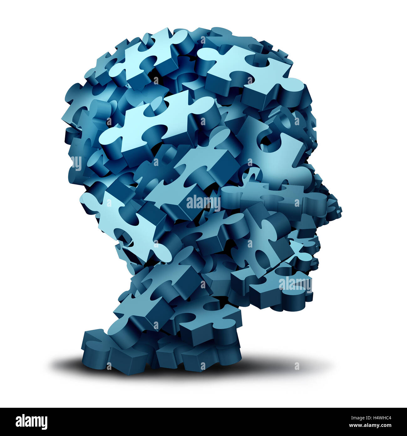 Puzzle psychologie concept comme un groupe d'illustration 3D de pièces de puzzle en forme de tête humaine comme un symbole de la santé mentale pour la psychiatrie ou la psychologie et du cerveau apparaît sur une backbround blanc. Banque D'Images