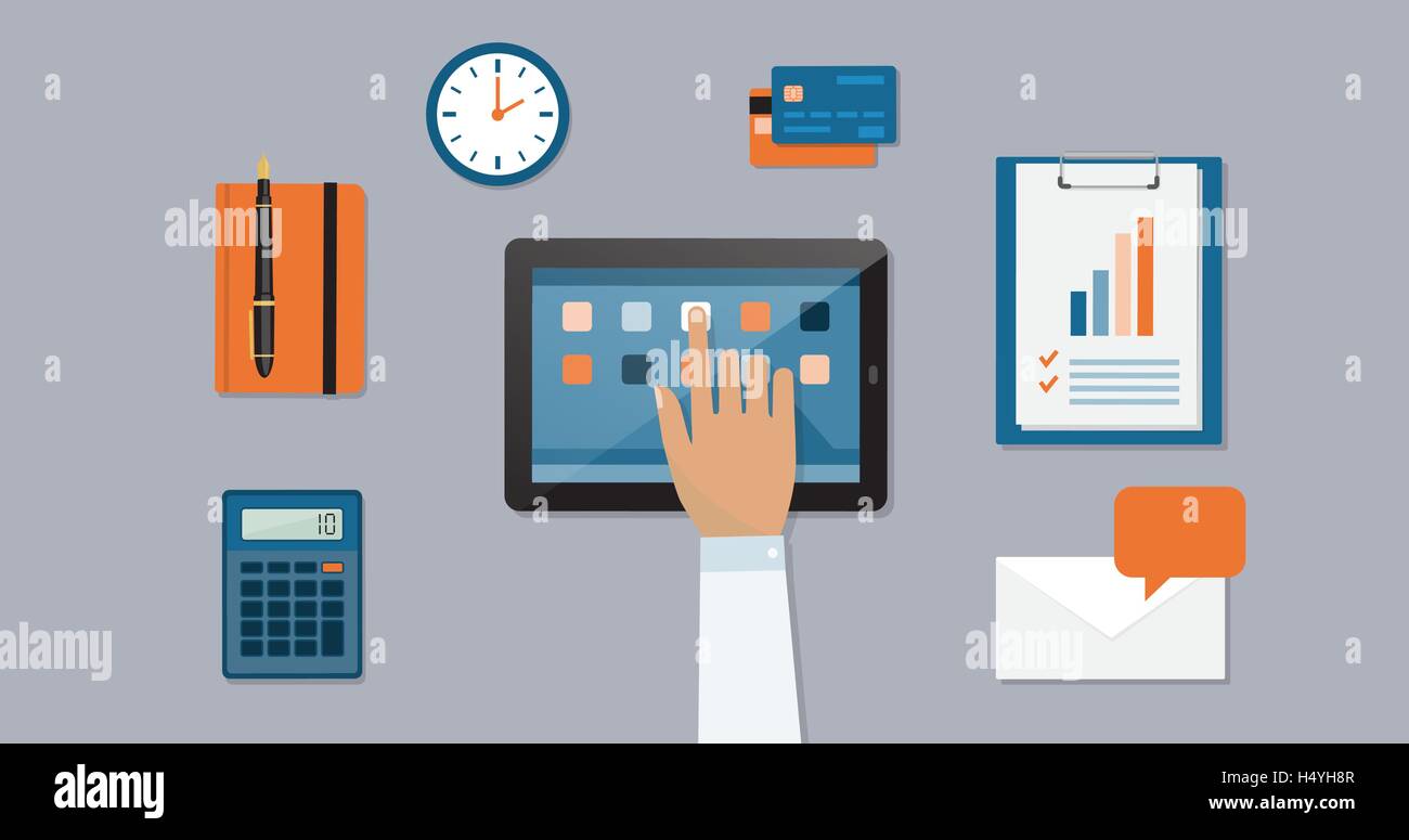 Les applications d'entreprise et des services, l'organisation et l'augmentation de la productivité : concept utiliser des applications sur une tablette numérique Illustration de Vecteur