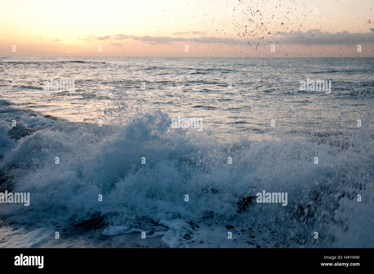 L'eau et des vagues sur la côte, surf, sunrise, d'Azur, Ligurie, Italie, Europe Banque D'Images