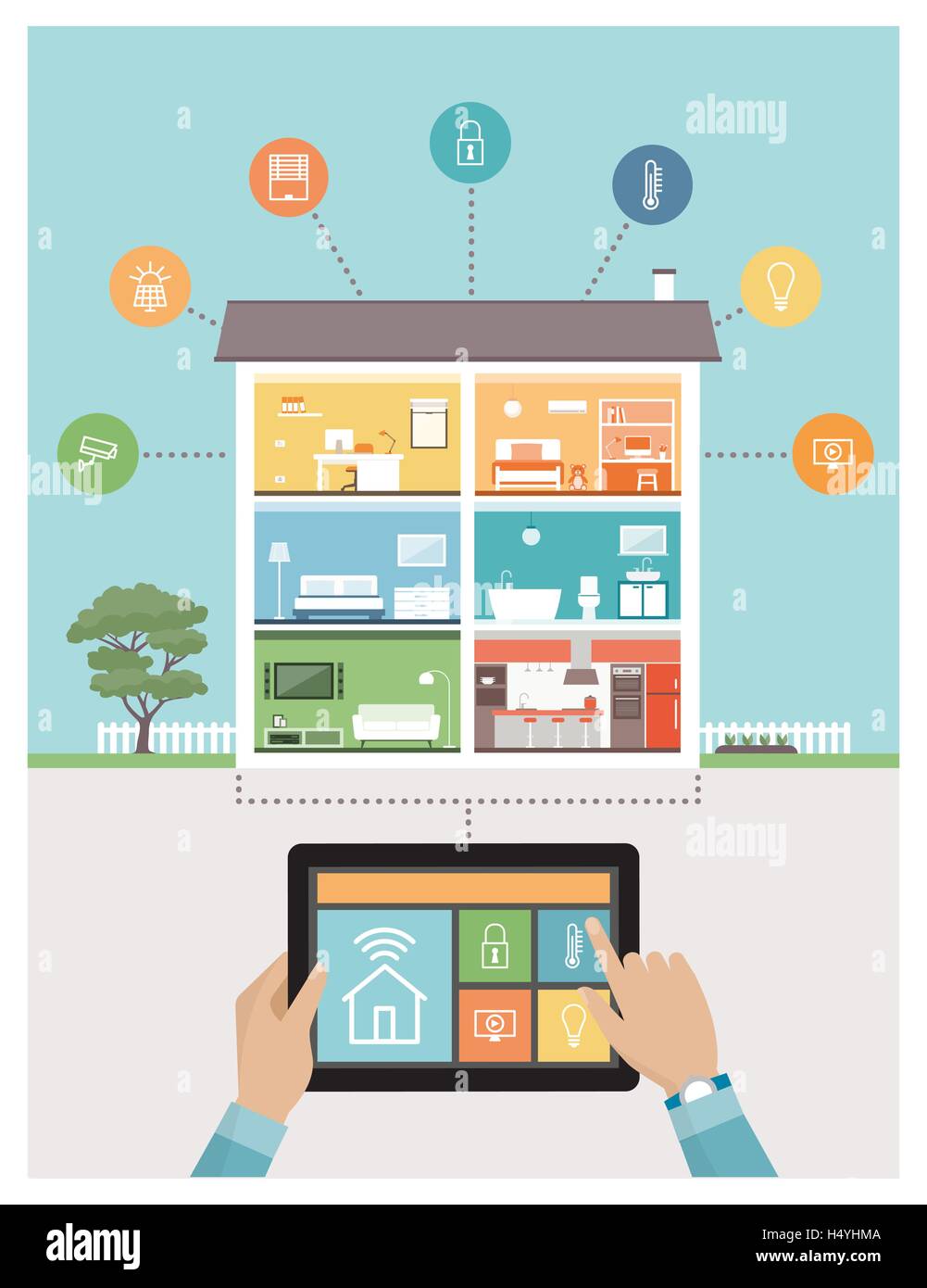Maison Intelligente et de contrôle du système mobile app sur une tablette, maison contemporaine avec 9 chambres et icons set dans l'arrière-plan Illustration de Vecteur