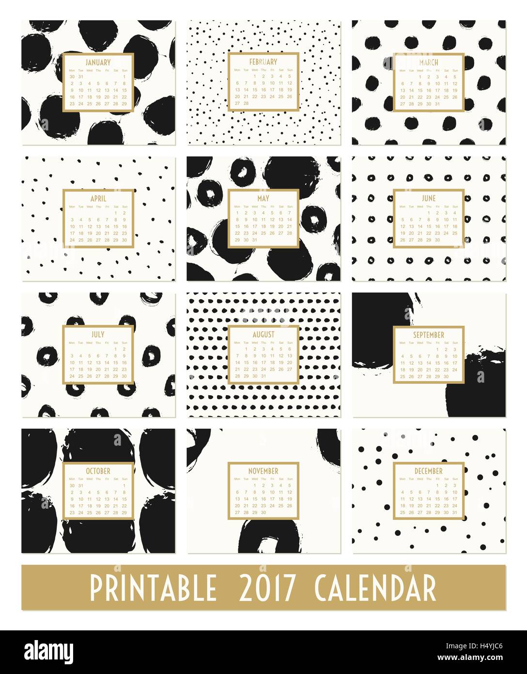 Douze mois 2017 Modèle de calendrier. Coups de pinceau rond dessiné à la main et doodles en noir, or et crème. Illustration de Vecteur