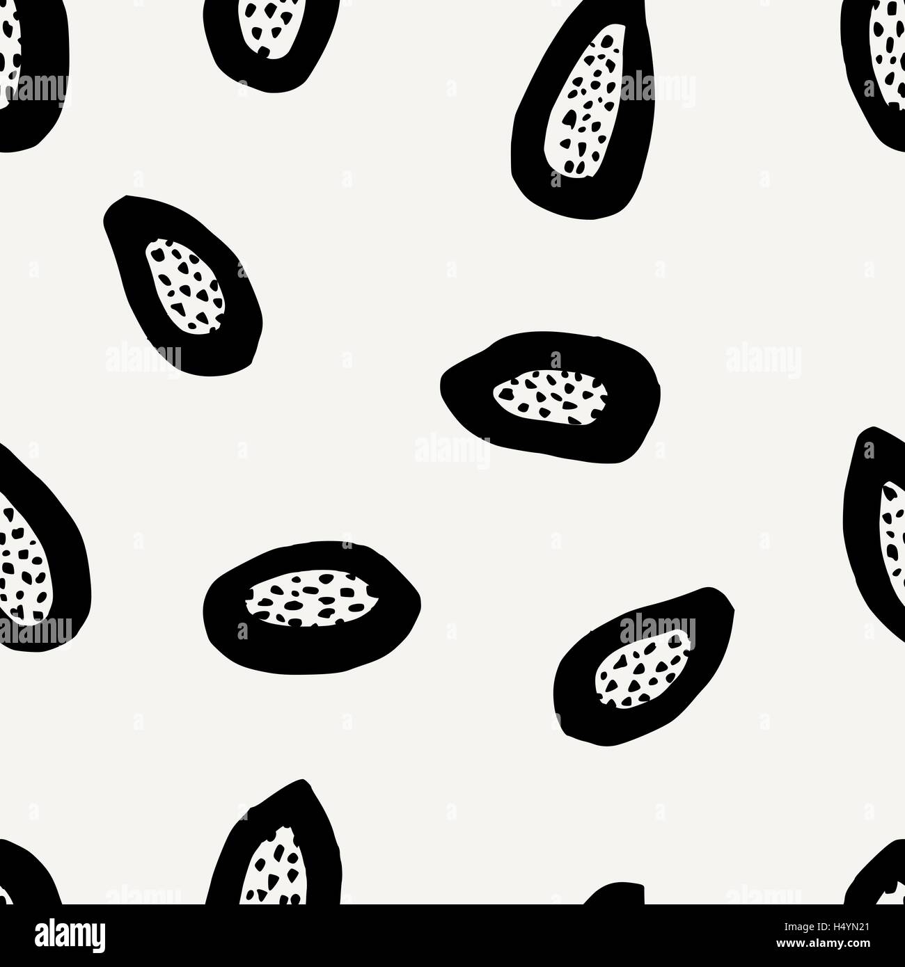 Schéma de répétition sans faille avec les papayes dessiné à la main en noir sur fond crème. Textiles modernes, cartes de vœux, papier d'emballage. Illustration de Vecteur