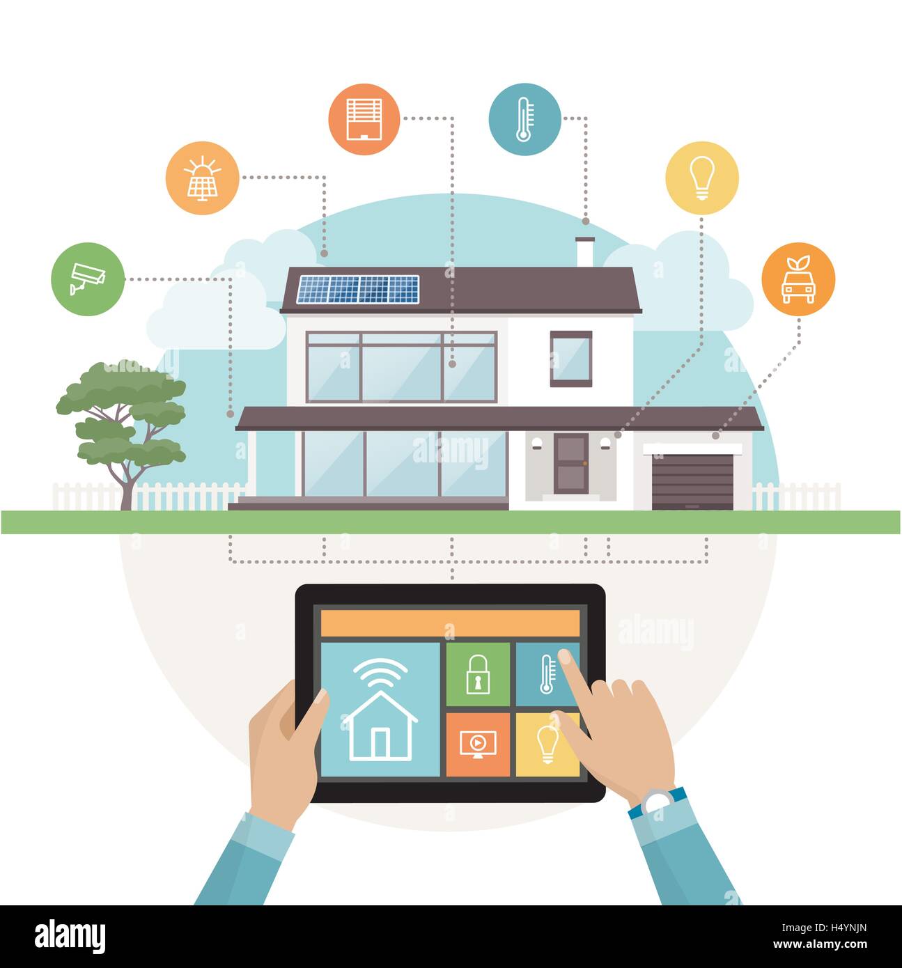 Maison Intelligente et de contrôle du système mobile app sur une tablette, maison contemporaine avec des icônes situé sur l'arrière-plan Illustration de Vecteur