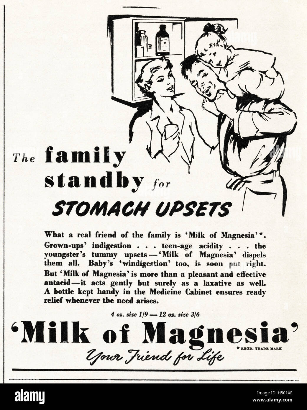 1950 annonce publicitaire de l'original old vintage magazine daté 1952 publicité pour le lait de magnésie pour l'estomac Banque D'Images