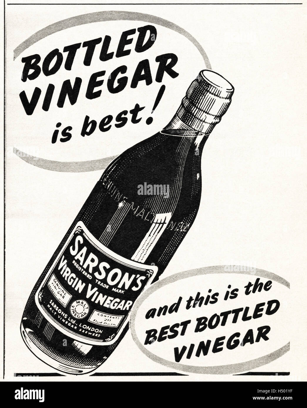 1950 annonce publicitaire de l'original old vintage retro 1952 du magazine publicité pour du vinaigre en bouteille Sarson Banque D'Images