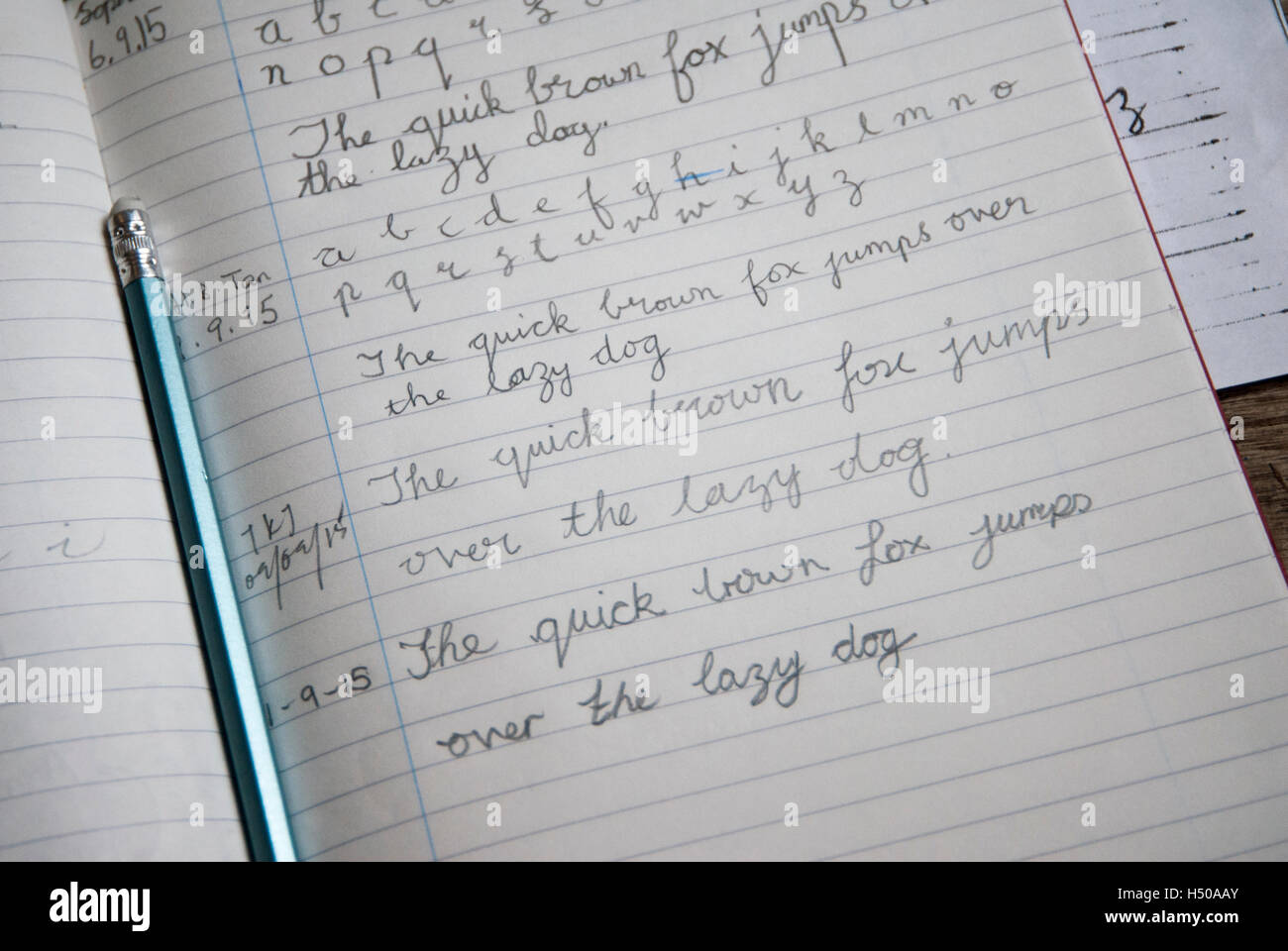 L'écriture de l'enfant l'exercice de l'école à partir de 1915 montrant la 'Quick Brown Fox Jumps Over The Lazy Dog" Banque D'Images