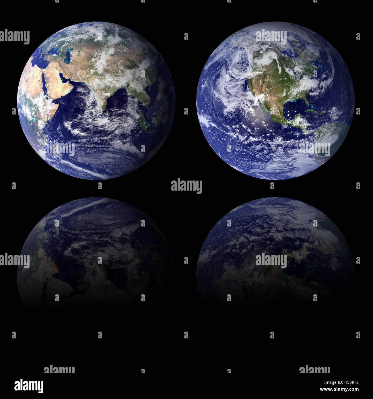 Rendu 3D haute résolution de la planète Terre dans l'Est et l'ouest de l'hémisphères. Relief ombré, couleurs naturelles, la couverture de nuages. Banque D'Images