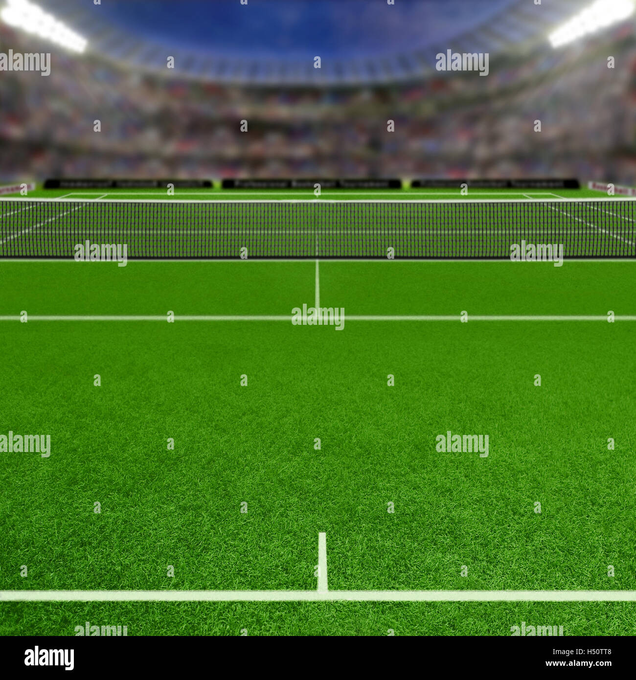 Court de tennis sur gazon plein de spectateurs dans les tribunes. L'accent sur le premier plan délibéré avec une faible profondeur de champ sur l'arrière-plan Banque D'Images