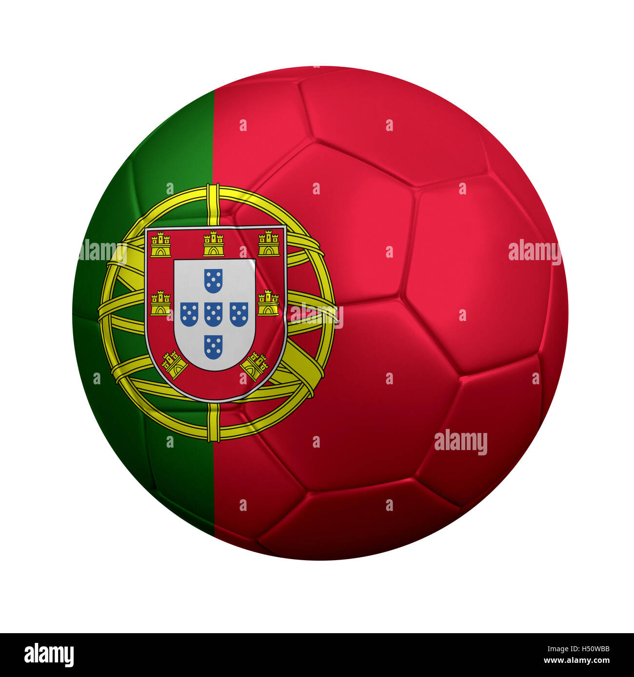 Le rendu 3D de ballon de soccer enveloppé dans le drapeau national du Portugal. Le Portugal est une puissance au soccer dans c européennes et internationales Banque D'Images