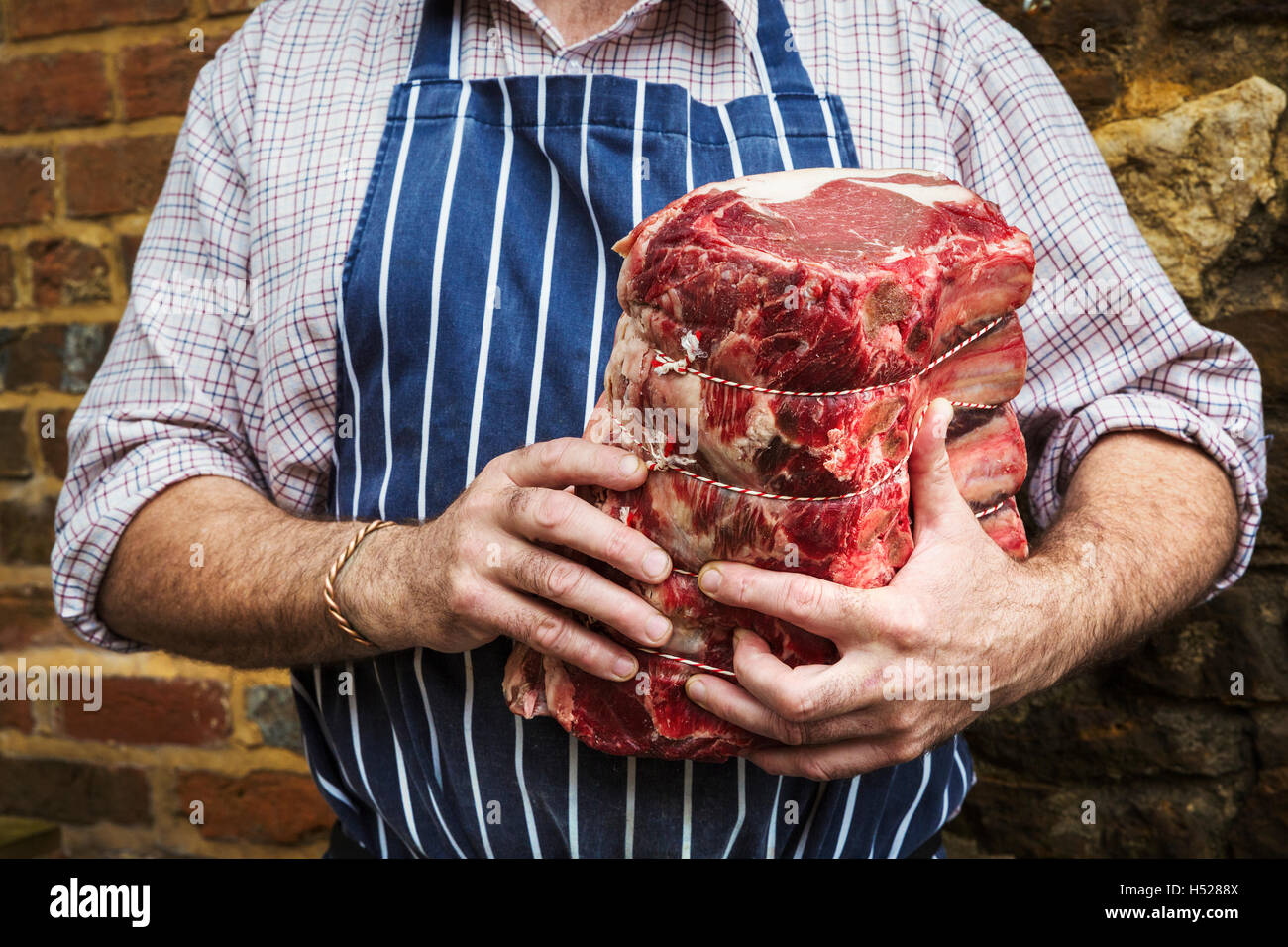 Tablier à rayures bleu boucher dans la tenue d'un grand morceau de viande bovine. Banque D'Images