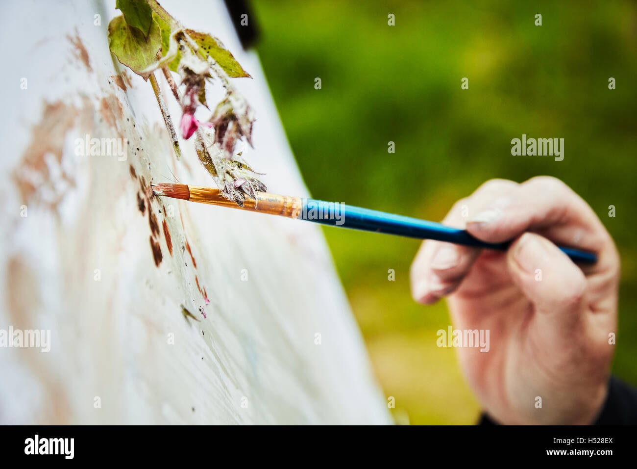 Close up de l'artiste l'application de peinture sur du papier avec un pinceau, et un brin de matière végétale au cours de l'œuvre. Banque D'Images