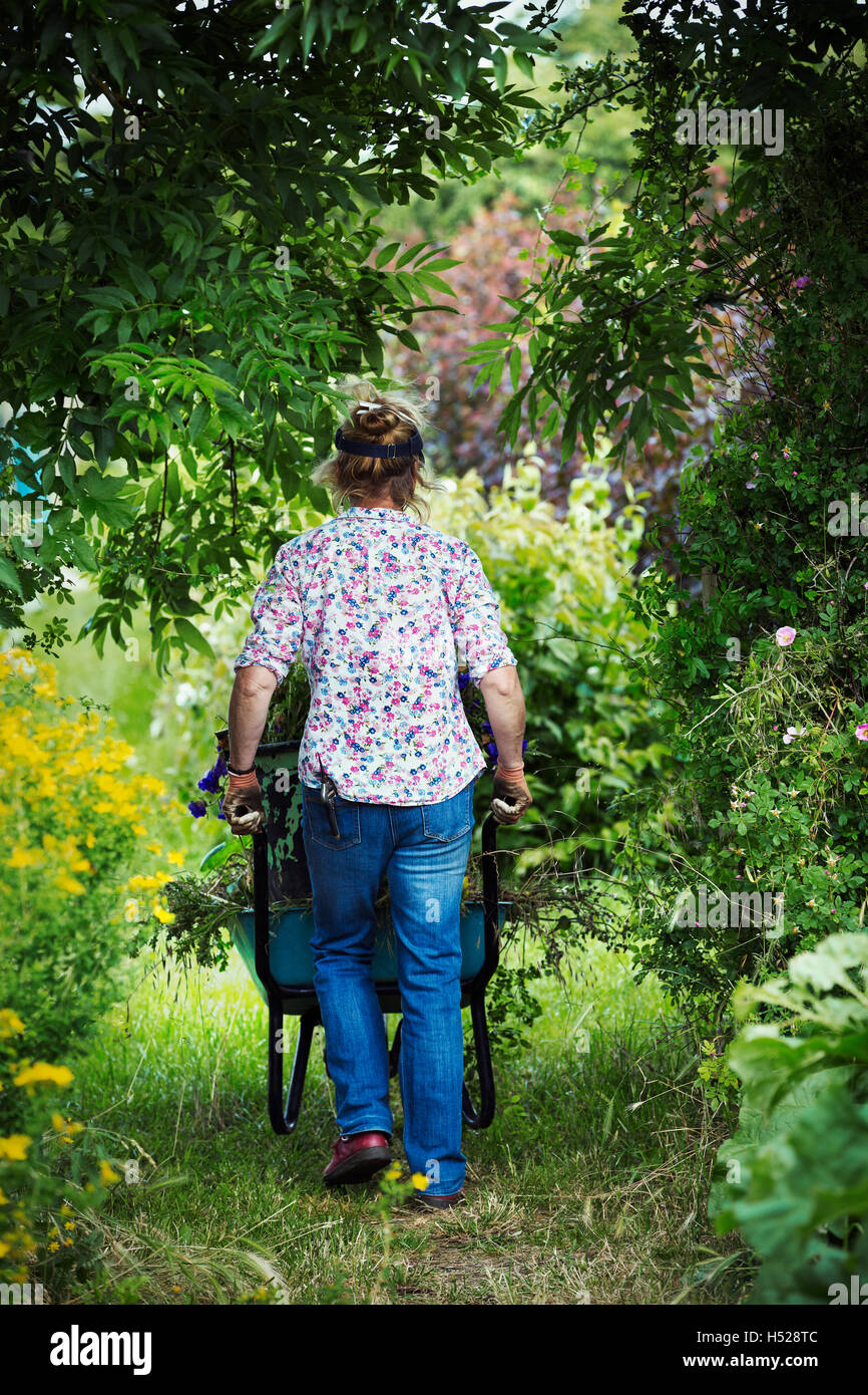 Une femme poussant une brouette de coupures de jardin le long d'un chemin. Banque D'Images