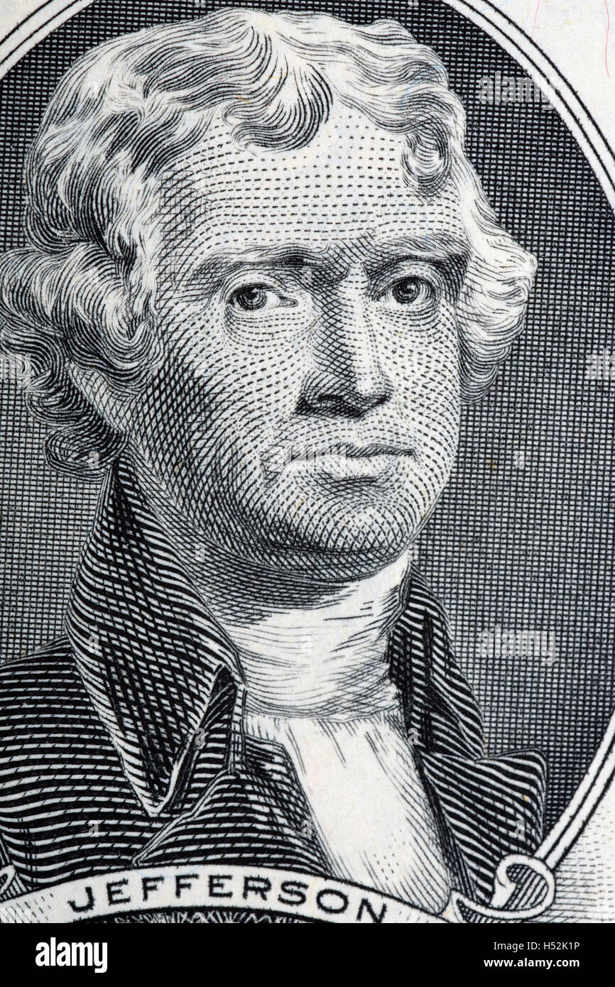 Le président Thomas Jefferson portrait de deux dollars us Banque D'Images