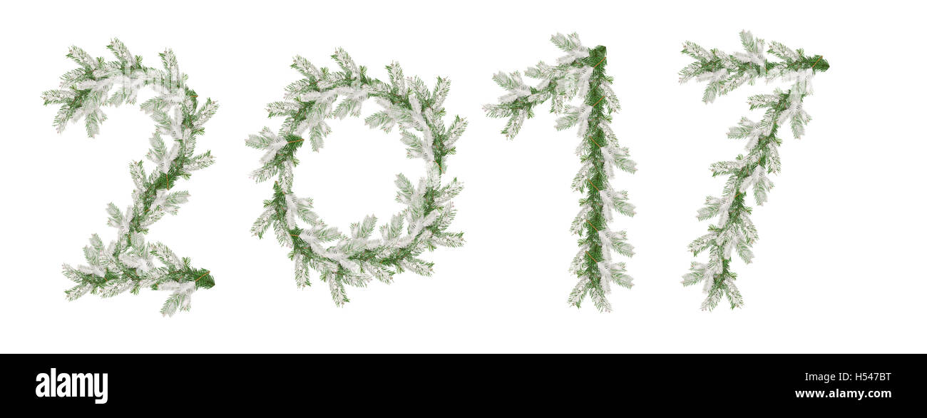 Bonne année 2017 des branches couvertes de neige arbre de Noël Banque D'Images