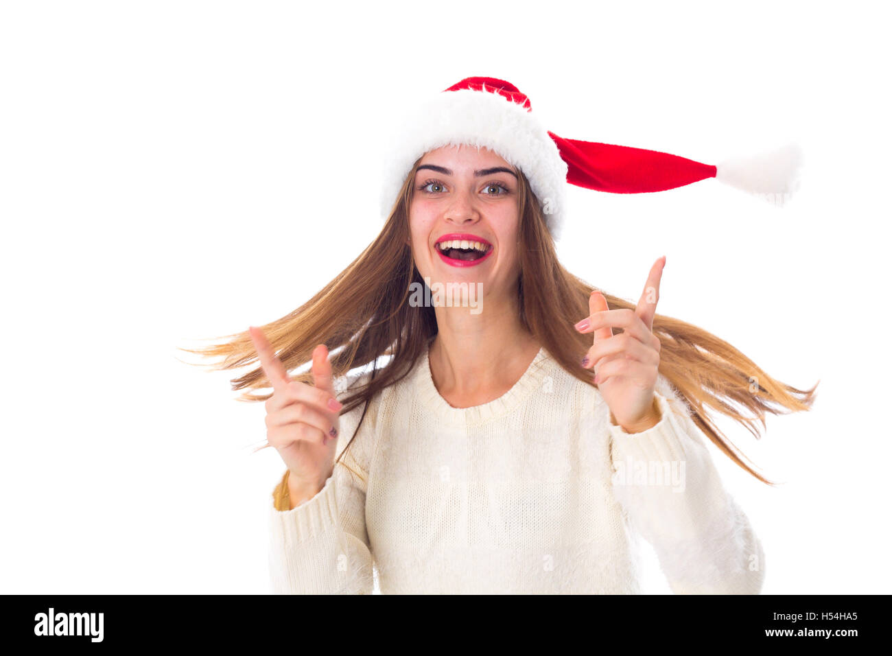 Woman in red christmas hat Banque D'Images