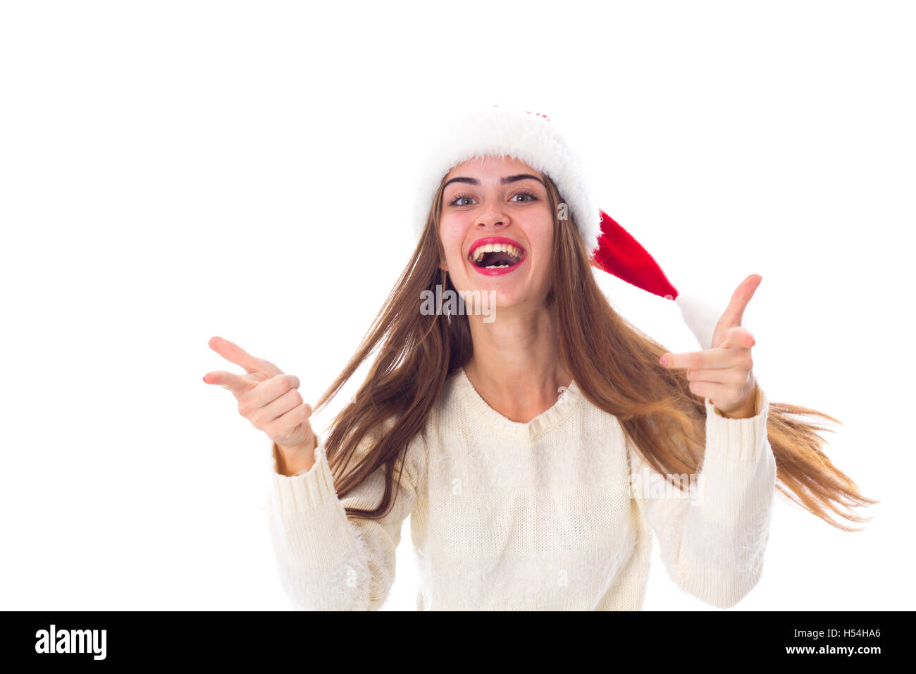 Woman in red christmas hat Banque D'Images