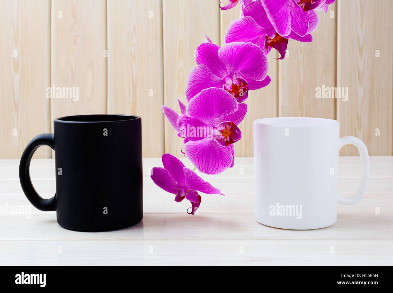 Mug blanc et noir orchidée rose avec la maquette. Maquette de la tasse de café. Mug vide immersive pour la présentation du produit. Deux tasses de café. Banque D'Images