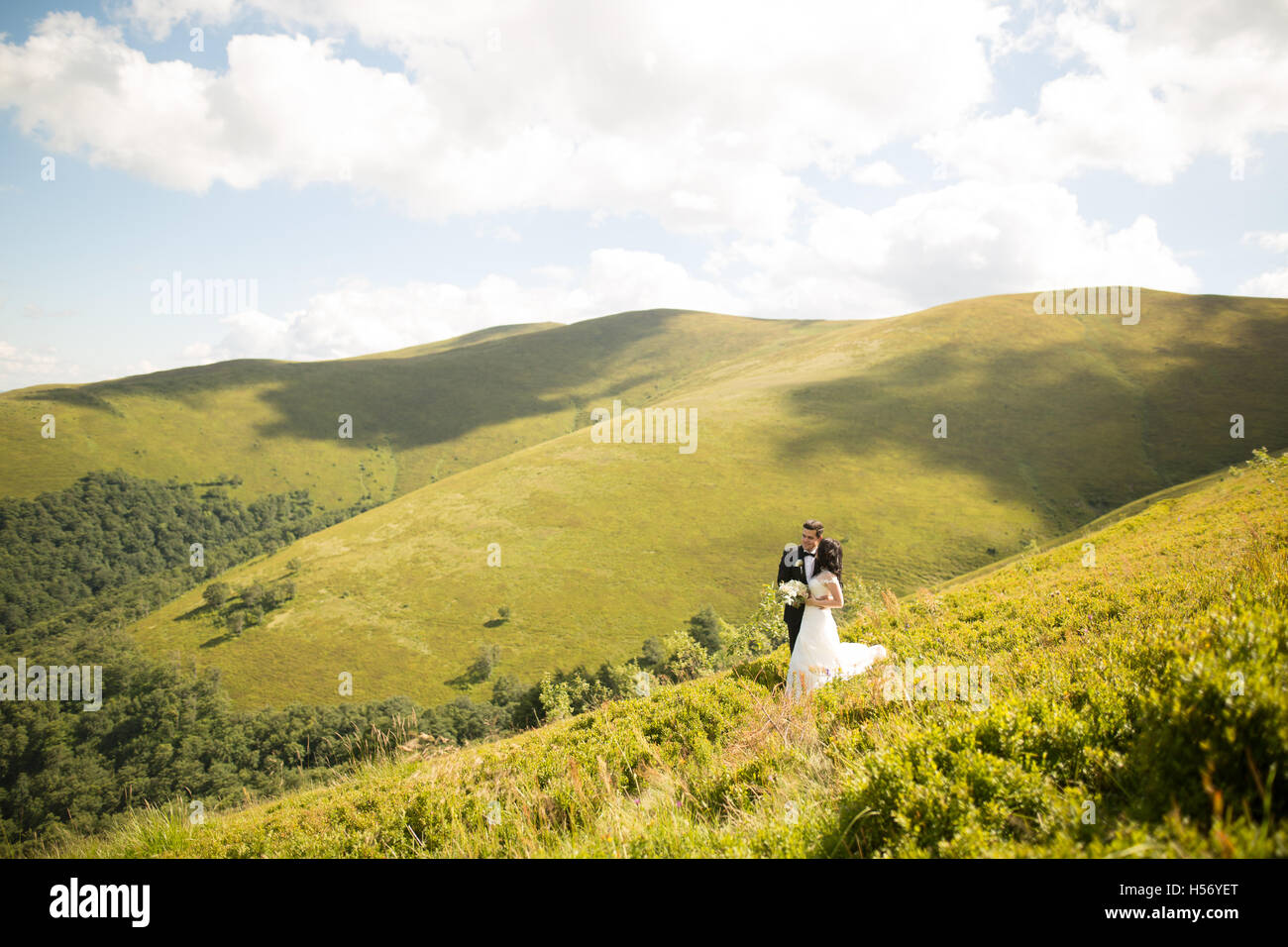 Kissing wedding couple séjournant plus beau paysage Banque D'Images