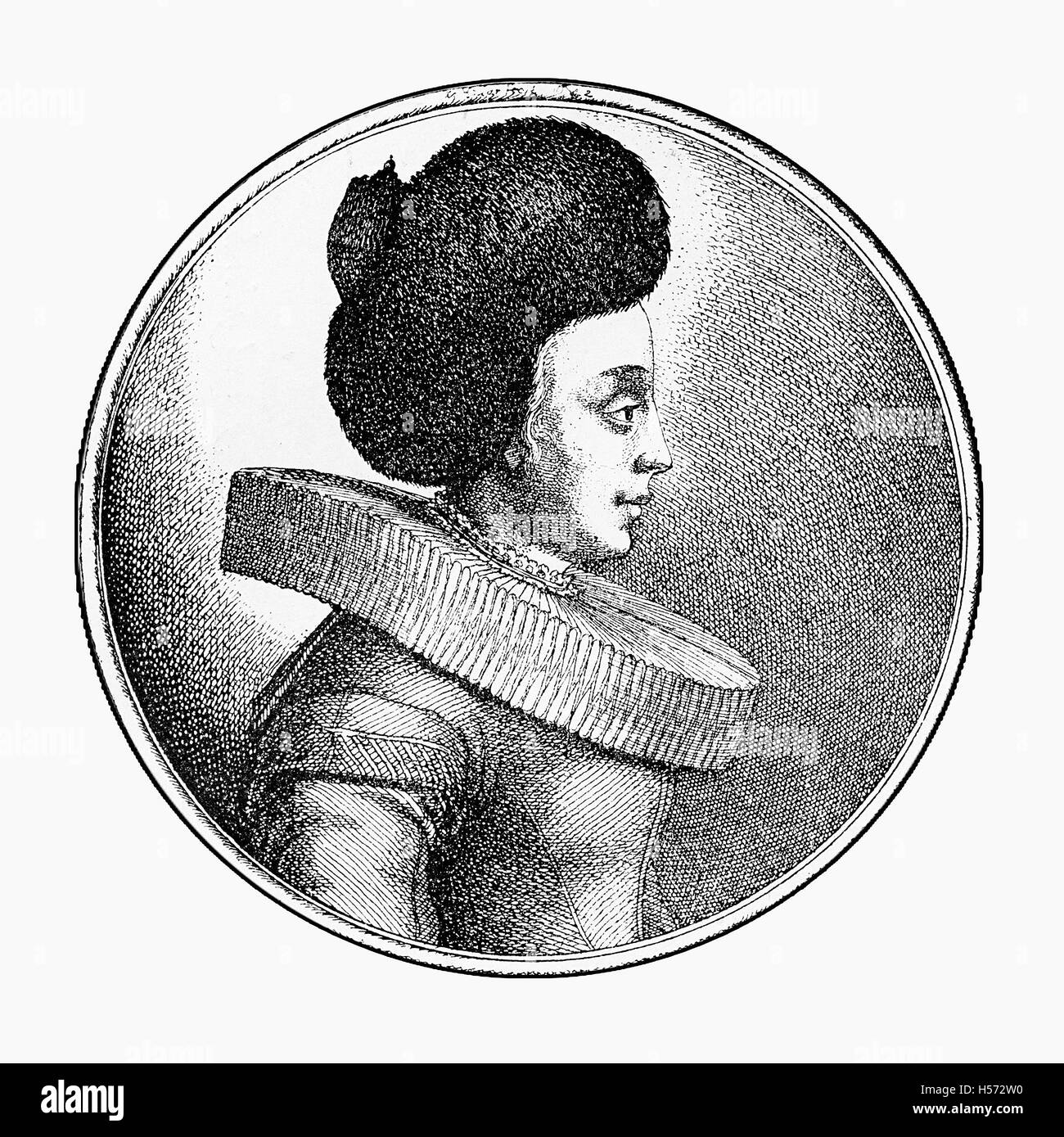 Gravure du XVII siècle, marchand de femme portrait de Francfort avec cheveux épinglé et un collier d'une roue Banque D'Images