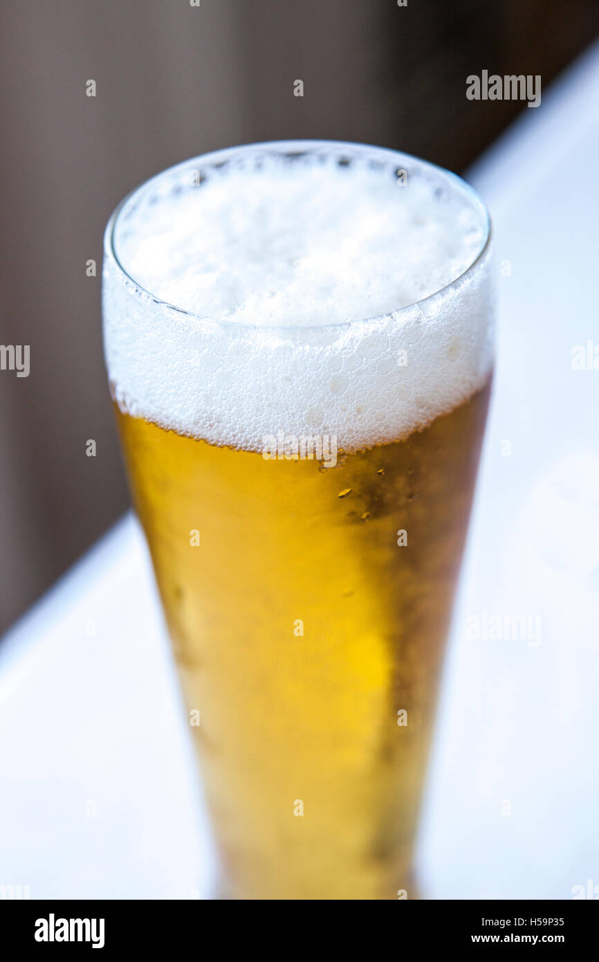 Tête de mousse sur un verre de bière sur fond blanc et noir en diagonale Banque D'Images