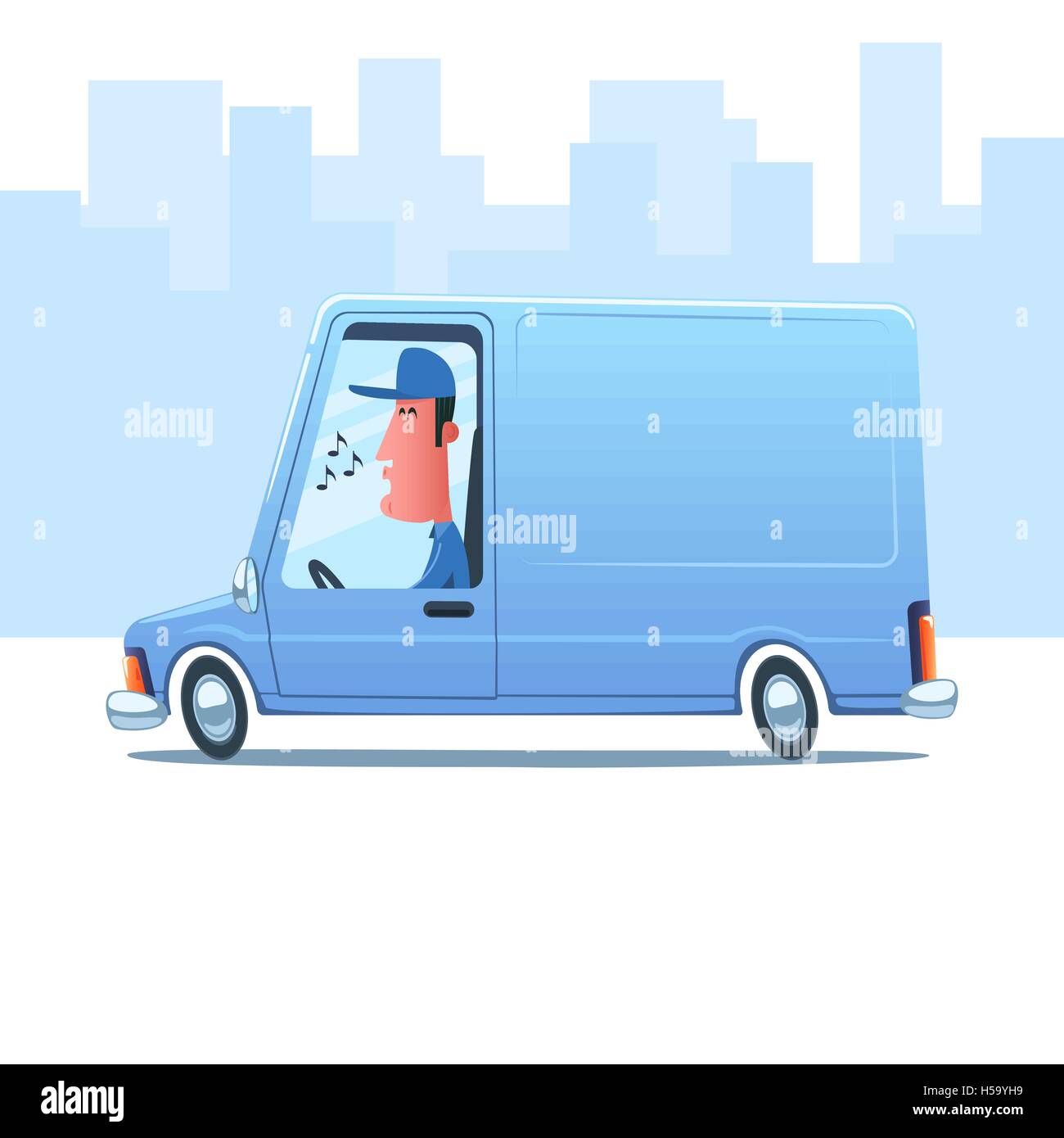 Sifflement Cartoon homme conduisant un van service contre l'arrière-plan de ville. Illustration de Vecteur