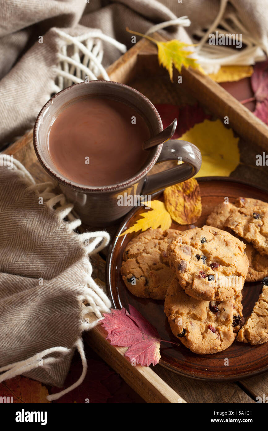 La laine de verre chocolat chaud confortable jeter les feuilles d'automne  cookies Photo Stock - Alamy
