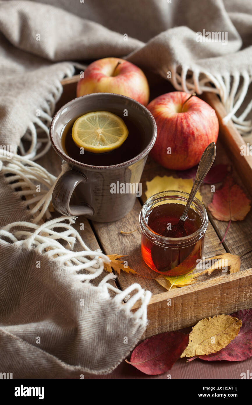 Le miel citron plateau verre confortable foulard les feuilles d'automne Banque D'Images