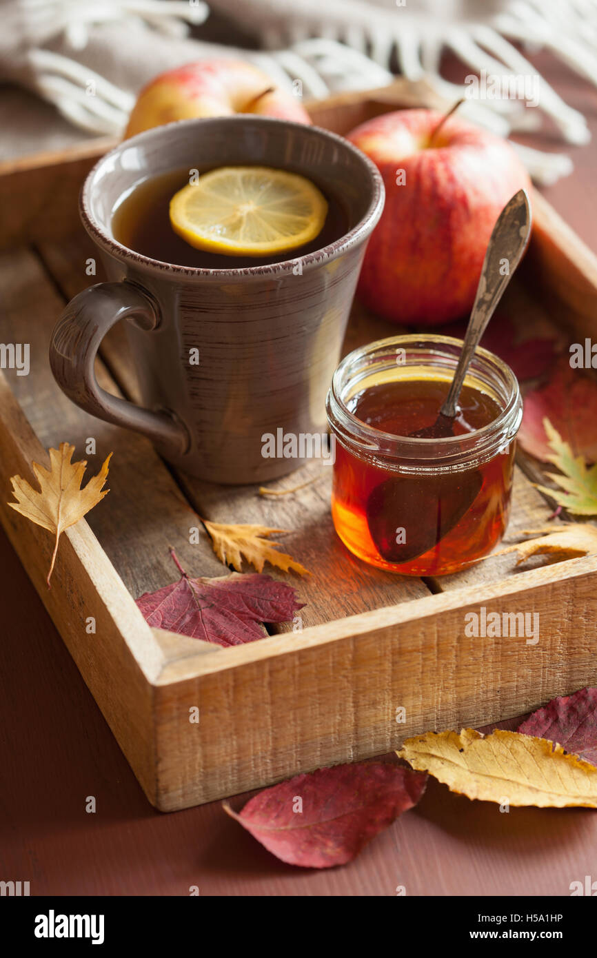 Le miel citron plateau verre confortable foulard les feuilles d'automne Banque D'Images
