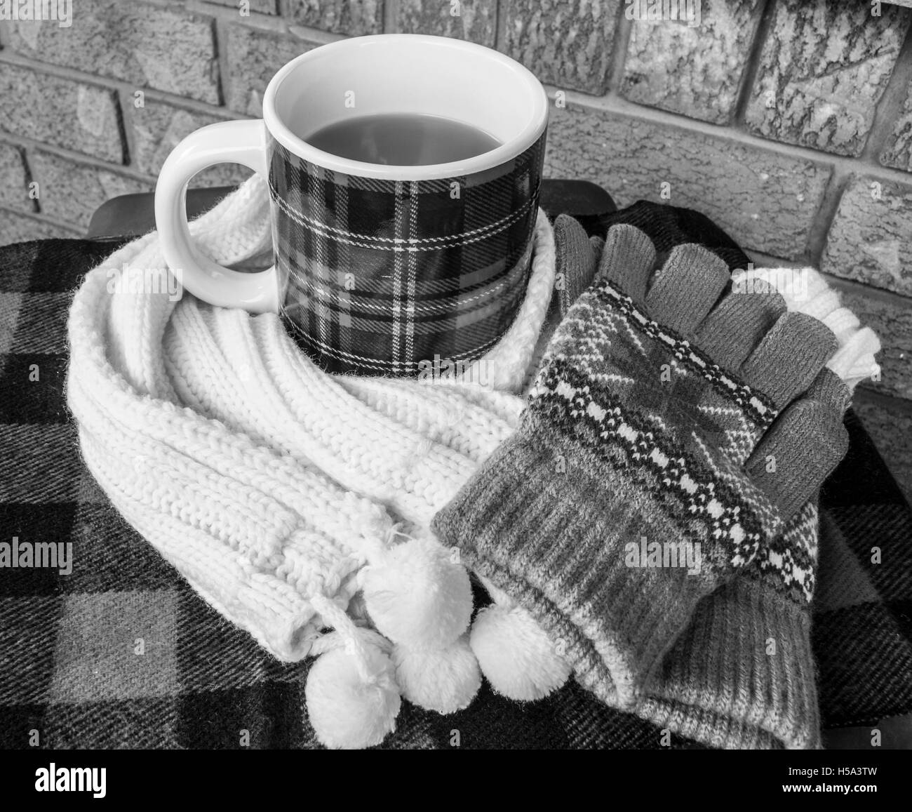 Boisson d'hiver dans une tasse, un foulard et des mitaines sur un lieu. Banque D'Images