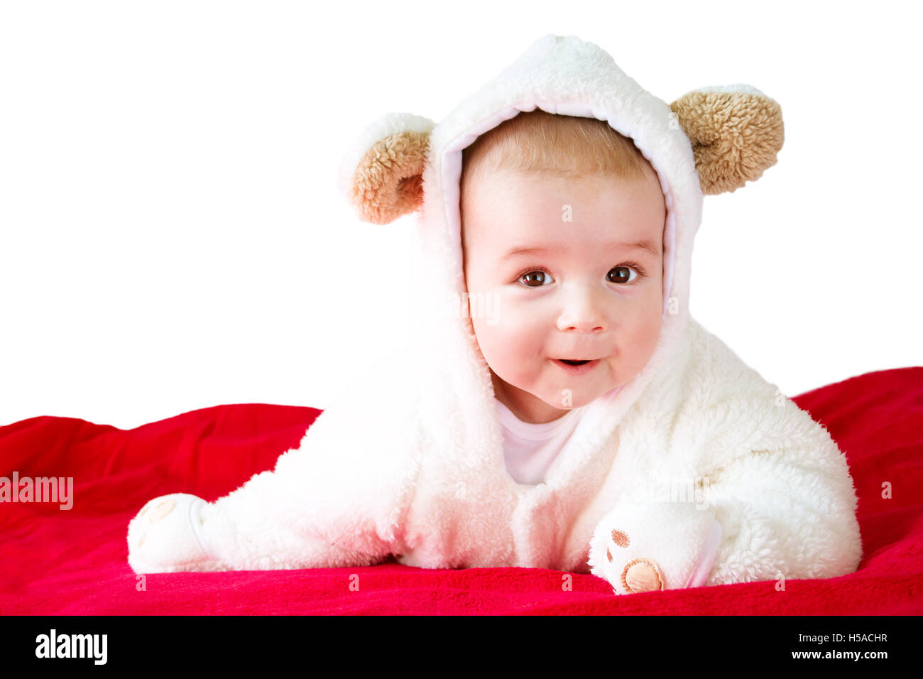 Bébé en costume d'ours blanc Banque D'Images
