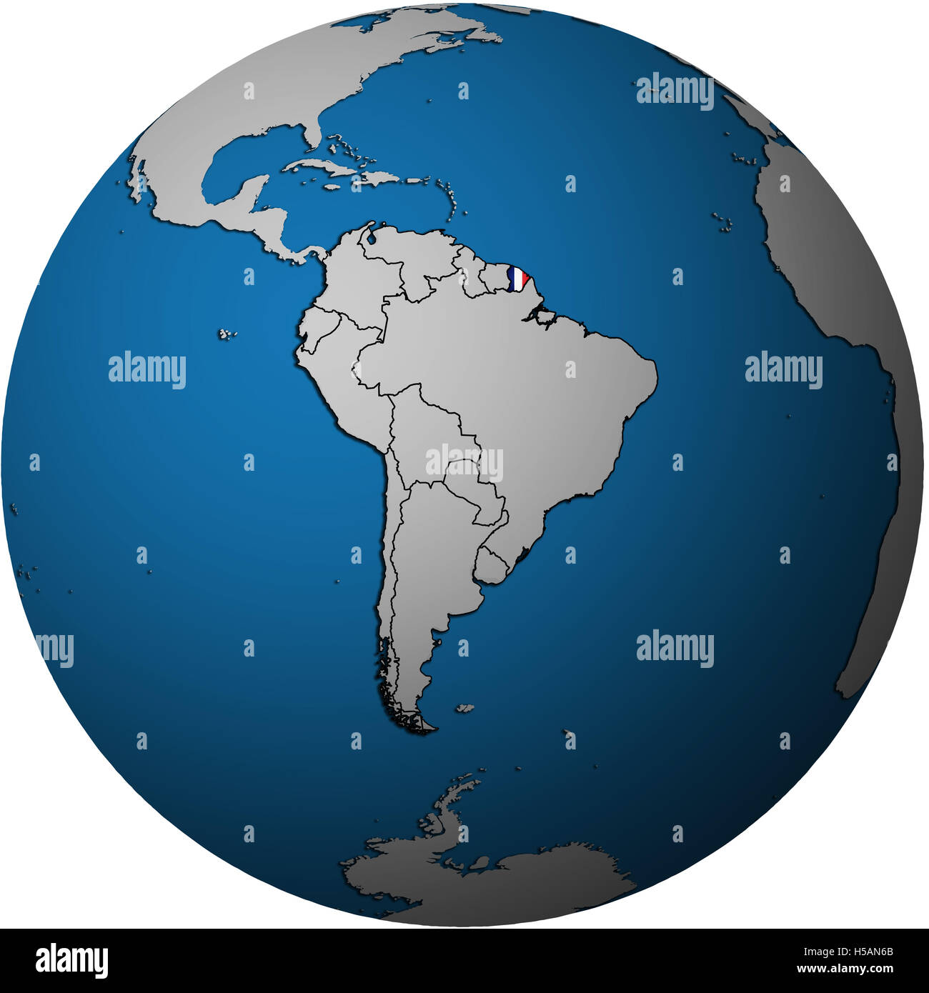 La carte avec le drapeau de la Guyane française sur isolated over white site de globe Banque D'Images