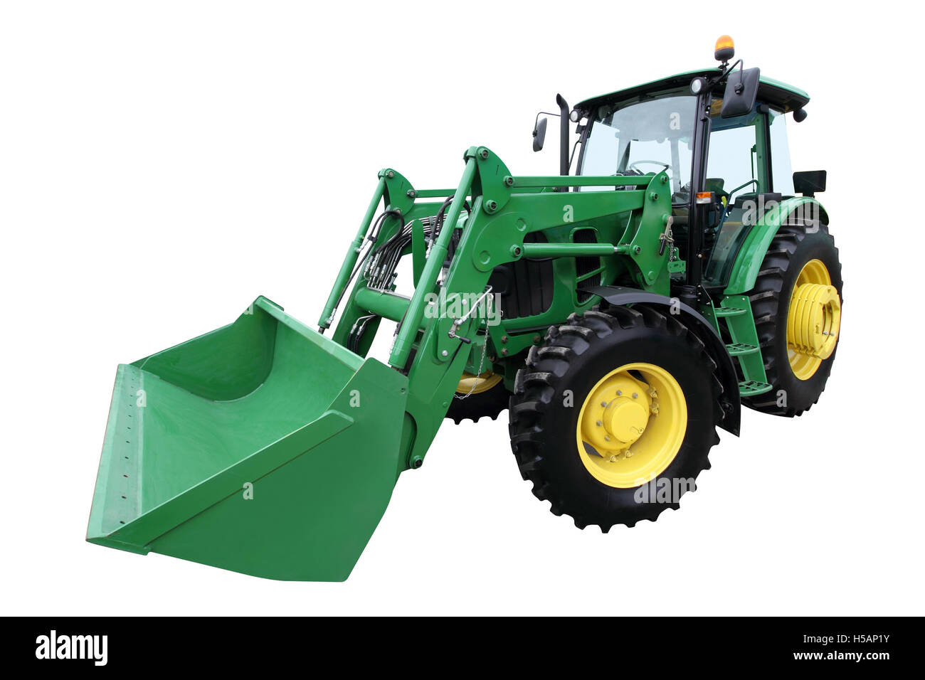 Tracteur vert moderne isolé sur fond blanc Banque D'Images