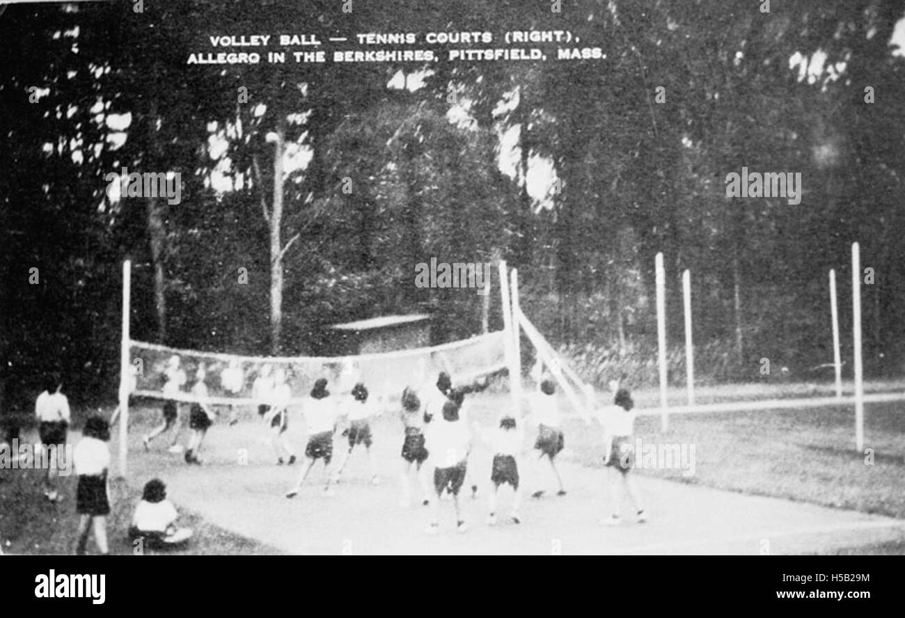 Cette image montre un groupe de filles jouant au volleyball dans un camp à Pittsfield, Massachusetts. L'activité se déroule sur un court de tennis réaménagé pour le volley-ball, capturant les sports et les loisirs des jeunes. Banque D'Images