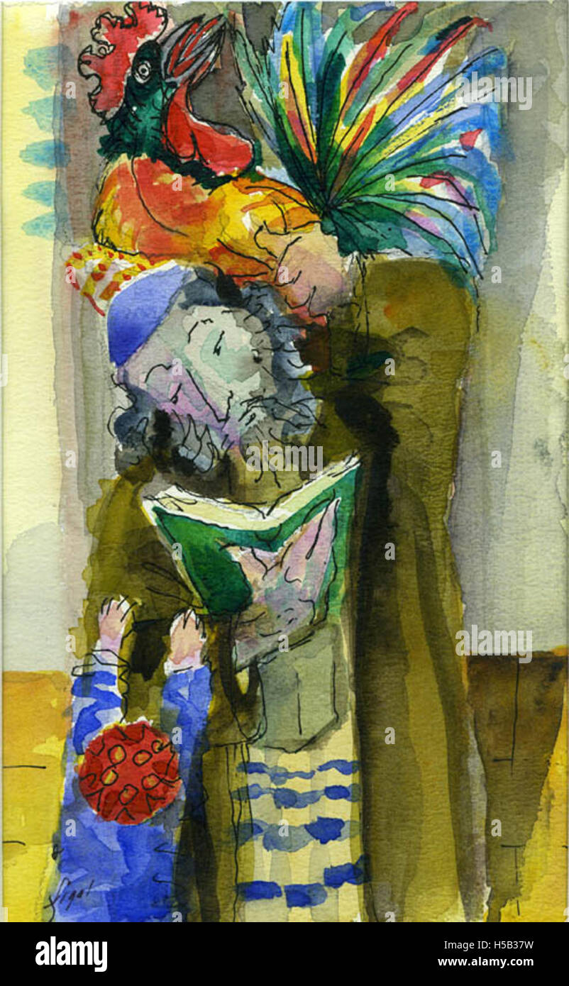 Les aquarelles d'Albert Dov Sigal représentent le rituel juif de Kapparot, exécuté avant Yom Kippour. Kapparot est une tradition d'expiation, où les individus transfèrent symboliquement leurs péchés à un poulet avant le jour des Expiations. Les œuvres de Sigal illustrent cette importante coutume juive. Banque D'Images