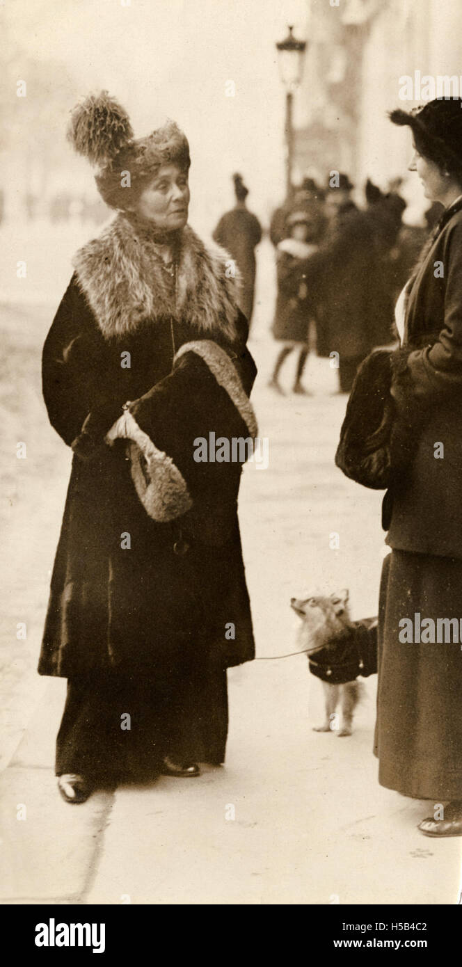 Cette photographie capture Emmeline Pankhurst, une suffragiste de premier plan, parlant avec Grace Roe, une participante active au mouvement pour le suffrage, vers 1912. Il souligne leur implication dans la lutte pour le droit de vote des femmes au Royaume-Uni. Banque D'Images