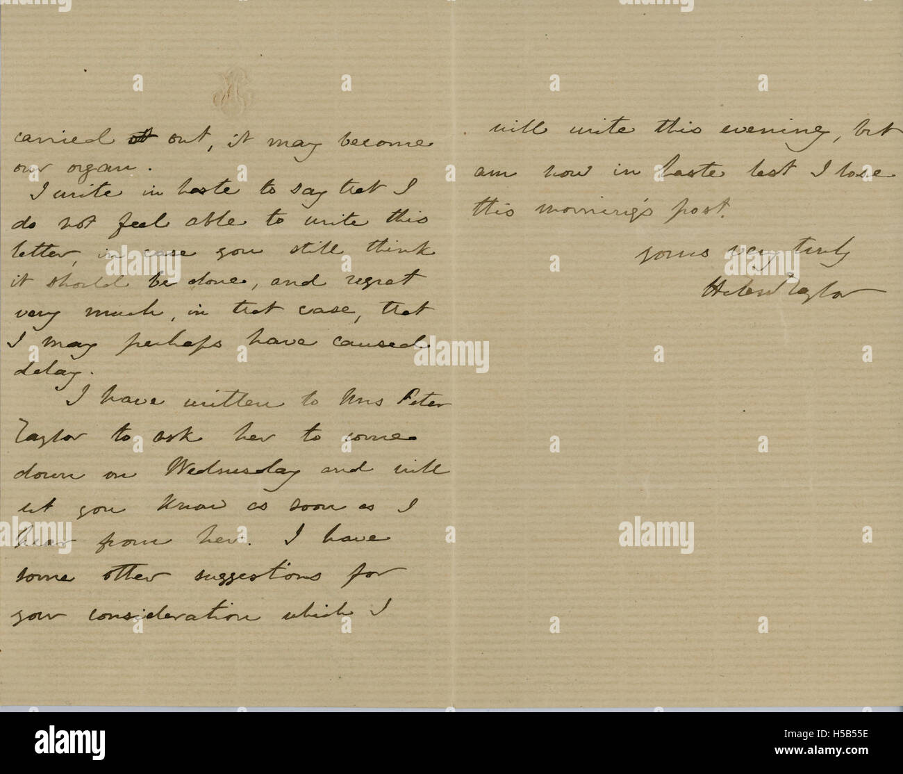 Ce titre fait probablement référence à une lettre ou un document de Helen Taylor à Barbara Bodichon, peut-être dans le contexte des droits des femmes ou des mouvements féministes du XIXe siècle. Taylor et Bodichon étaient tous deux des figures importantes du mouvement pour le suffrage. Banque D'Images