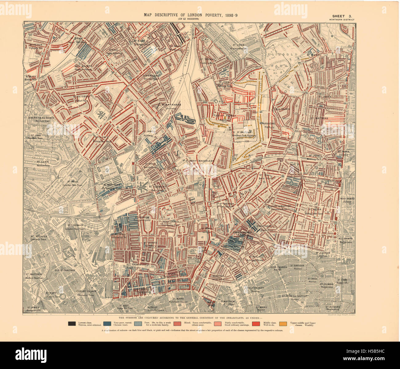 Carte imprimée descriptif de la pauvreté Londres 1898-1899. La feuille 3. District nord Banque D'Images