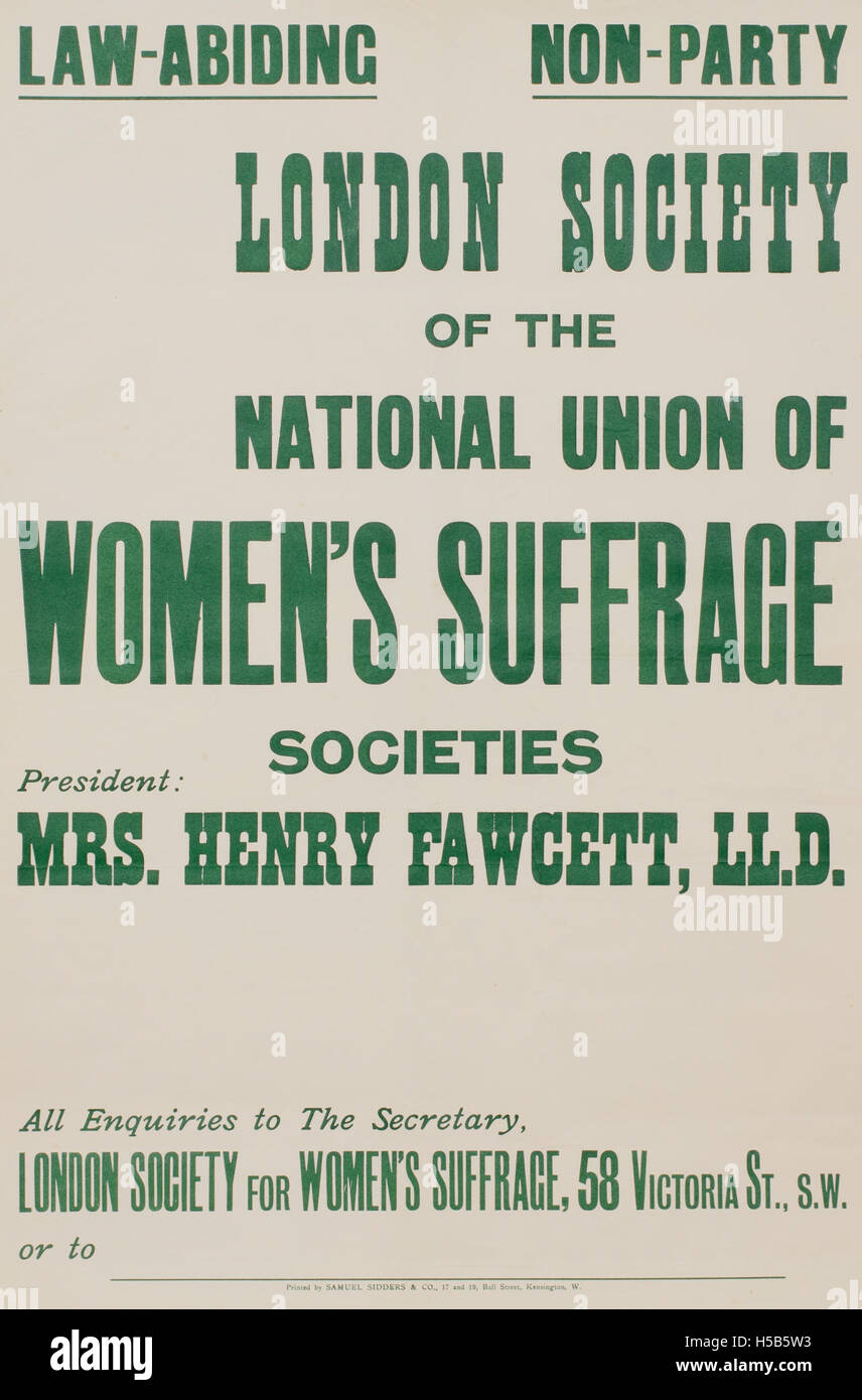 Une référence historique aux réunions et événements de suffrage organisés par la London Society for Women’s suffrage vers 1910. Le président, MRS Henry Fawcett, a dirigé les efforts pour les droits des femmes, plaidant pour le droit de vote tout en maintenant une position respectueuse des lois et non partisane. Banque D'Images
