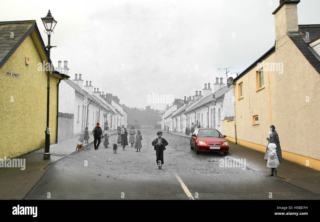 La photographie montre New Street à Sion Mills, illustrant le mélange des styles architecturaux anciens et nouveaux dans la région. La scène souligne le contraste entre les bâtiments traditionnels et modernes le long de la rue. Banque D'Images
