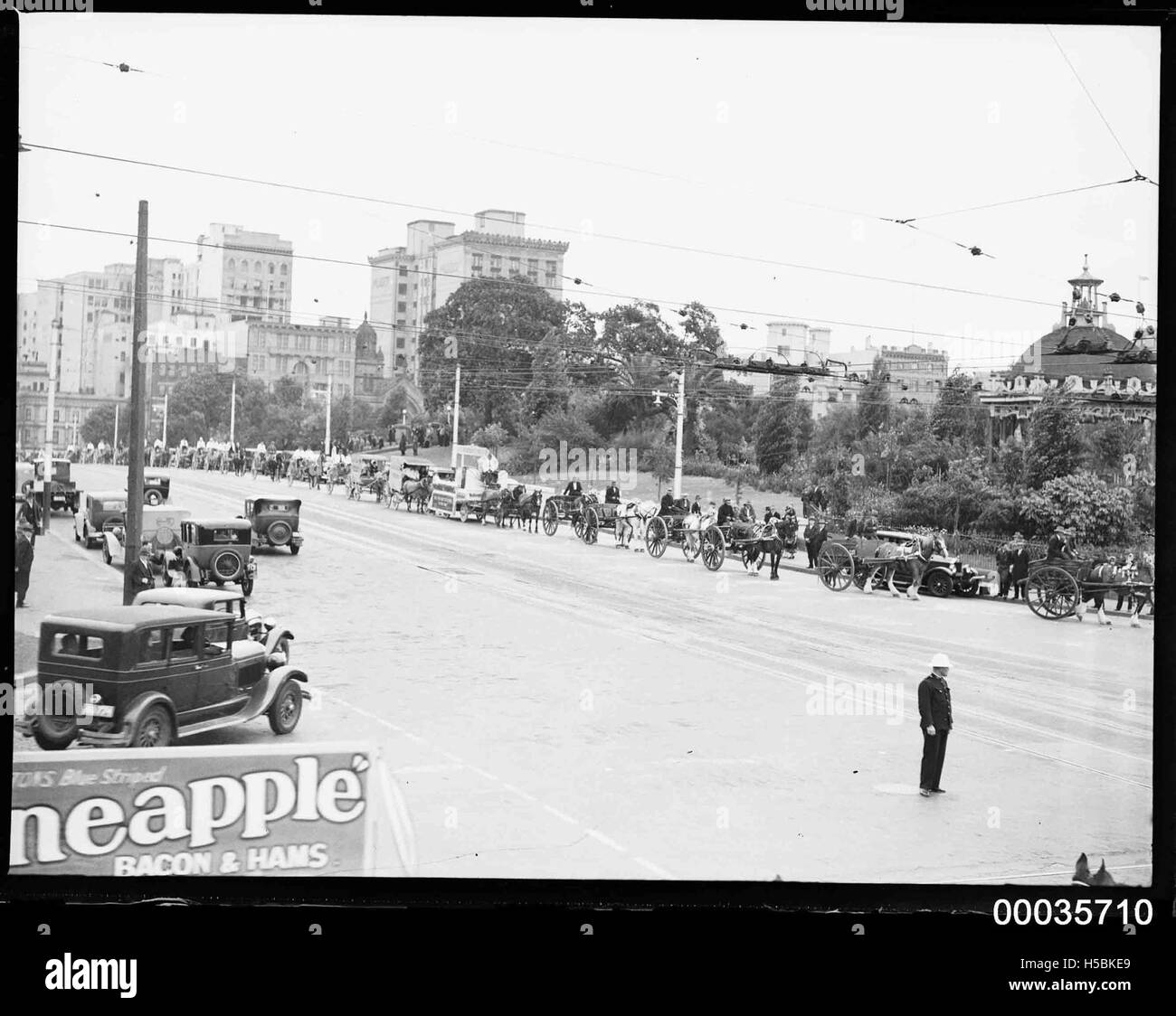 Cette photographie de la Hood Collection montre un défilé de véhicules tirés par des chevaux à Park Street, Sydney. Il met en évidence l'utilisation du transport par chevaux au début du XXe siècle en milieu urbain. Banque D'Images