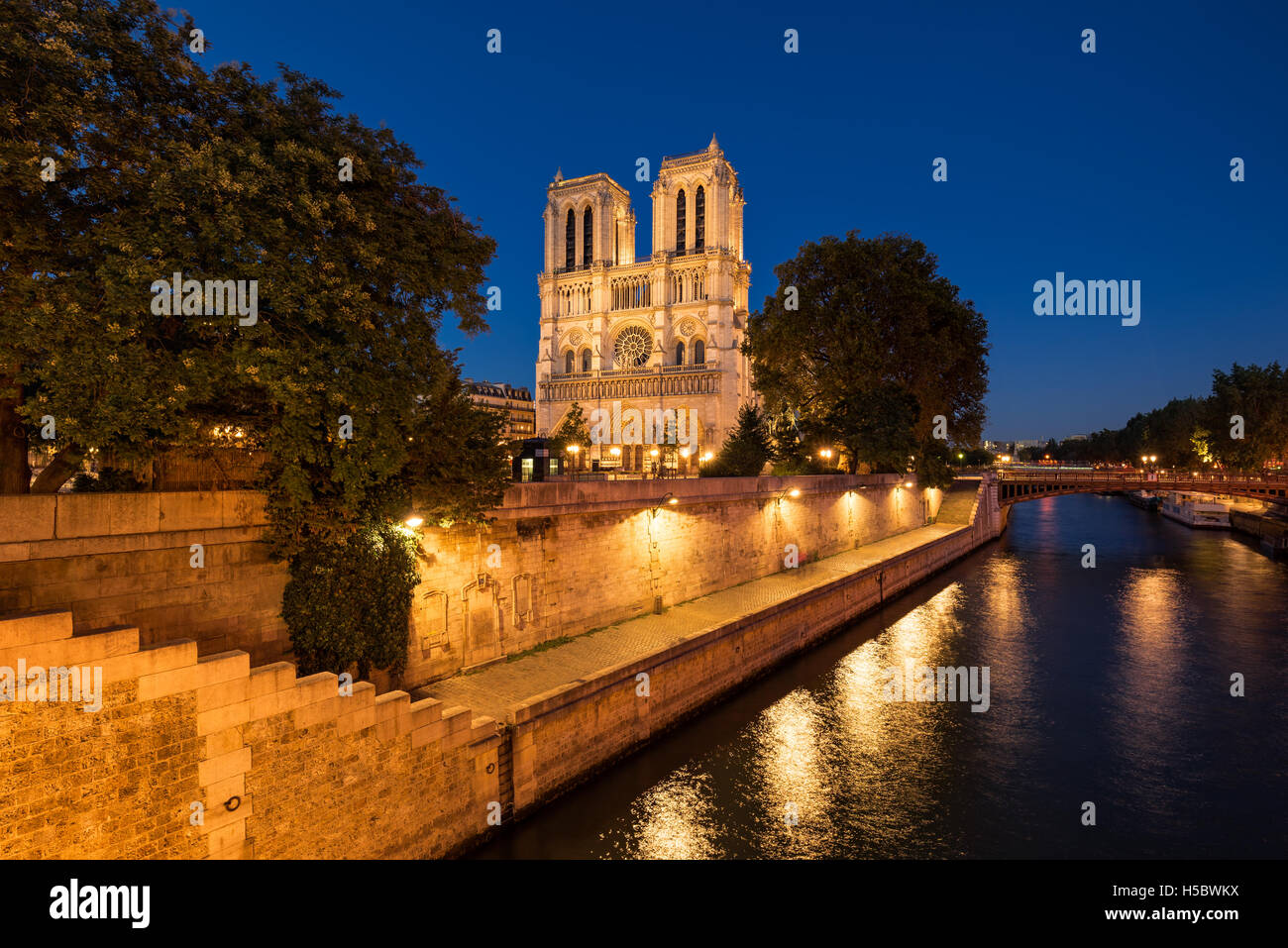 Notre Dame de Paris Cathédrale illuminée au crépuscule avec la Seine sur l'Ile de La Cité. Paris, France Banque D'Images