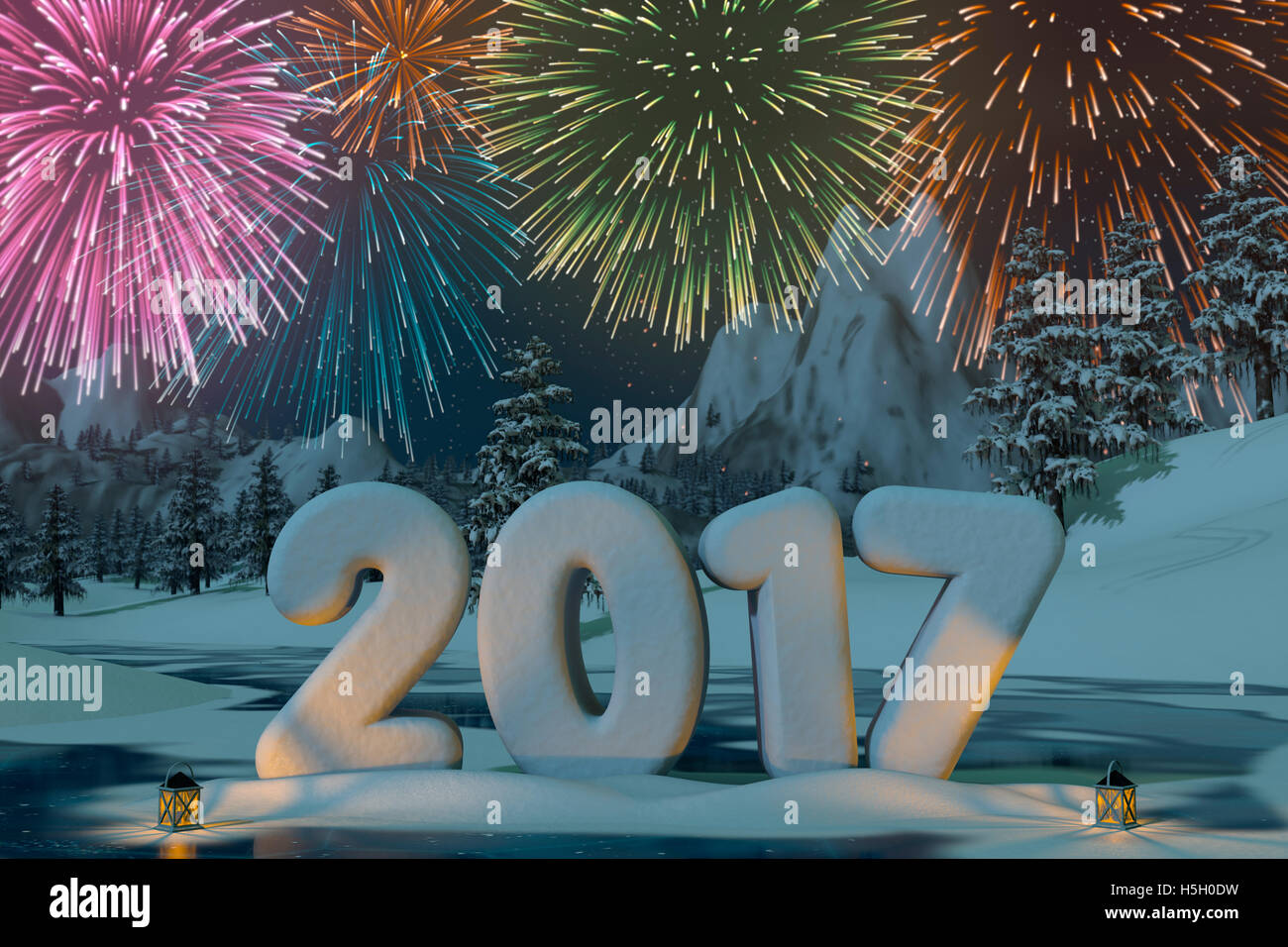 L'année 2017 sculptée dans la neige à l'aide de Fireworks dans un paysage de montagne. A 3d render. Banque D'Images